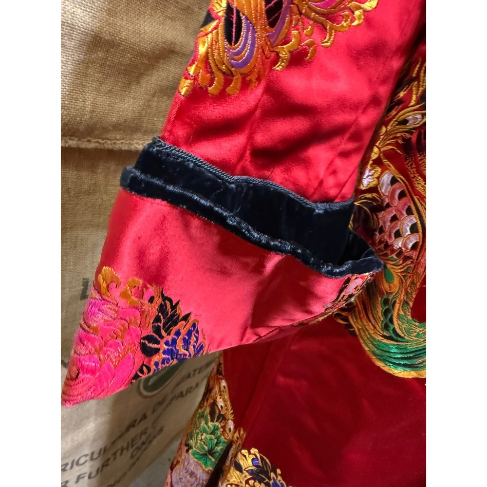 VTG Red Chinese Brocade Phoenix Dragon Maxi Robe Duster Mandarin Collar Velvet - Picture 6 of 8